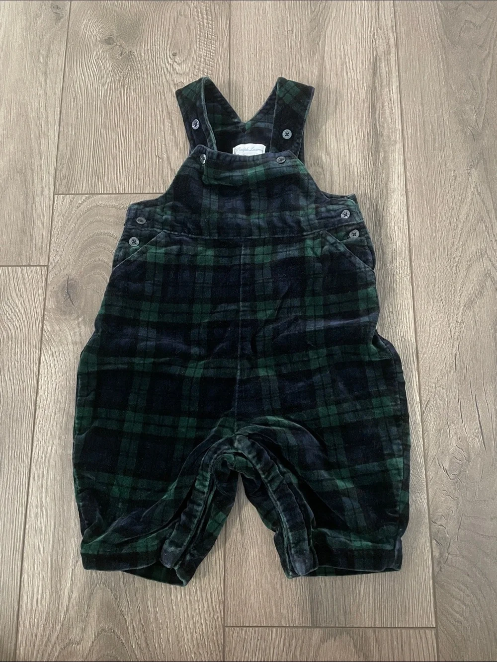 Ralph Lauren Baby Green & Black Plaid Velvet Overalls Sz:6-9M